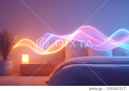 Soothing light projections create a calming atmosphere in a cozy bedroom for restful sleep 130381517