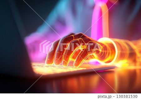 Person typing on laptop with glowing neon tie in a dimly lit environment during night 130381530