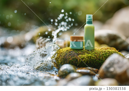Natural skincare products displayed on a mossy rock by a flowing stream 130381538