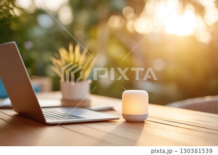 Workspace with laptop mockup and glowing lamp during sunset in a cozy outdoor setting 130381539