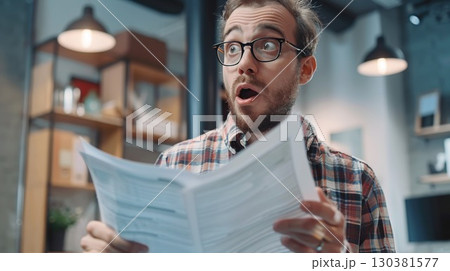 The man looks at the documents in surprise. Business office. generative ai. 130381577