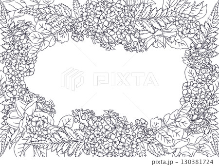 Beautiful hand drawn line art black and white rose flowers and leaves horizontal oval frame Beautiful hand drawn line art black and white rose flowers and leaves horizontal oval frame 130381724