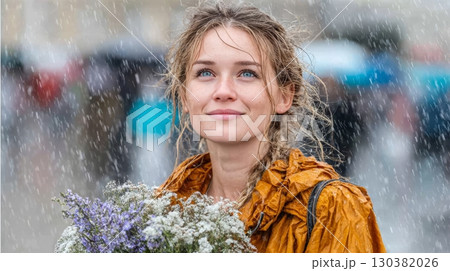 Young woman with flowers in hand smiles joyfully while standing in the rain, showcasing a vibrant orange coat and a cheerful expression 130382026