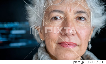 Elderly woman with silver hair and thoughtful expression, showcasing AI-coded identity and biometric data visual in a modern digital environment 130382131