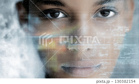 Algorithmic portrait of a young woman with biometric data overlay, showcasing AI-coded identity and digital personality representation in a futuristic style 130382154