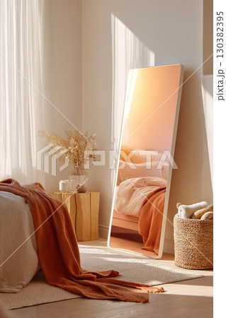 Bright and cozy bedroom with a large mirror reflecting warm sunlight and soft decor elements 130382395
