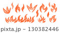 Hand drawn fire flames set. Crayon, pastel and chalk doodle collection with sketch texture. Grunge yellow flame elements. Vector illustration isolated on white background 130382446