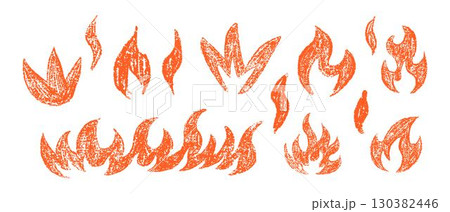 Hand drawn fire flames set. Crayon, pastel and chalk doodle collection with sketch texture. Grunge yellow flame elements. Vector illustration isolated on white background 130382446