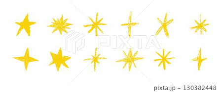 Chalk stars doodle collection. Grunge hand drawn textured set of star icons isolated on white background 130382448