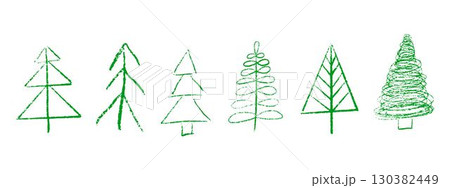 Hand drawn Christmas tree set. Crayon and pastel doodle sketches of pine and spruce. Childlike chalk style festive vector illustration on white background 130382449