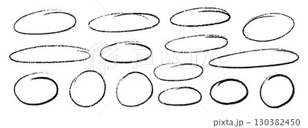 Black crayon oval and circle collection. Hand drawn doodle ellipses and rough round shapes for emphasis highlights and diagrams. Vector pencil sketch elements isolated Black crayon oval and circle collection. Hand drawn doodle ellipses and rough round shapes for emphasis highlights and diagrams. Vector pencil sketch elements isolated 130382450