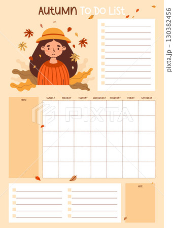 Autumn Planner with Woman in hat with Fall Leaves. Organizer for grid Calendar Month, To-Do list and Note, memo. Seasonal Vertical printable Template. Vector illustration. Kids collection. Not AI Autumn Planner with Woman in hat with Fall Leaves. Organizer for grid Calendar Month, To-Do list and Note, memo. Seasonal Vertical printable Template. Vector illustration. Kids collection. Not AI 130382456