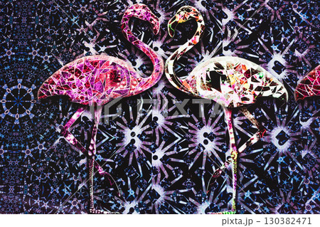 Psychedelic Flamingos Optical Illusion. Neon Kaleidoscope Pattern, Vibrant Abstract Art 130382471