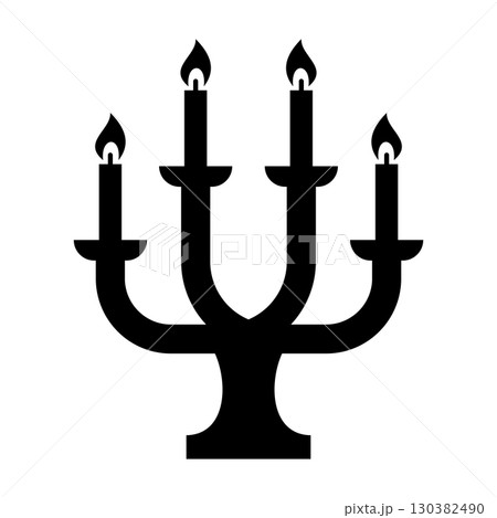 Silhouette of Five Candle Candelabra. Vector Illustration. The design features a classic candlestick holder with symmetrical arms and stylized flames on each candle. 130382490