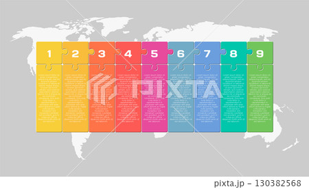 Nine steps line infographic, color puzzle diagram Nine steps line infographic, color puzzle diagram 130382568