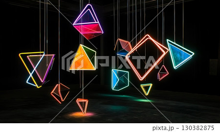 A room with many colorful shapes hanging from the ceiling 130382875