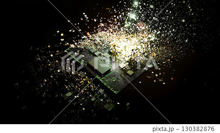 A computer chip is exploding in a black background 130382876