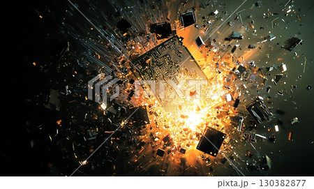 A computer chip is exploding in a fiery explosion 130382877