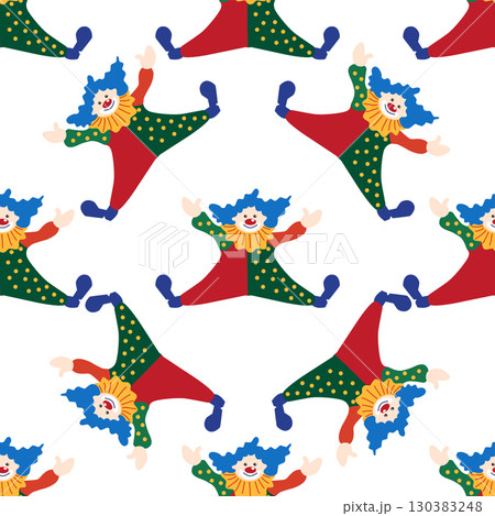 Seamless pattern with CIRCUS theme. Clowns, strongmen, lions, magic hat, hare in hat, holiday, balloons, tents. Circus characters. Cartoon flat style. 130383248