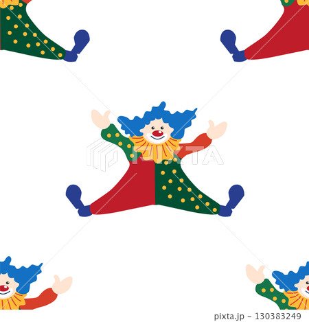 Seamless pattern with CIRCUS theme. Clowns, strongmen, lions, magic hat, hare in hat, holiday, balloons, tents. Circus characters. Cartoon flat style. 130383249