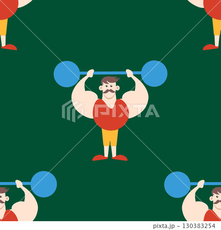 Seamless pattern with CIRCUS theme. Clowns, strongmen, lions, magic hat, hare in hat, holiday, balloons, tents. Circus characters. Cartoon flat style. 130383254