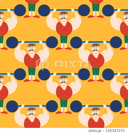 Seamless pattern with CIRCUS theme. Clowns, strongmen, lions, magic hat, hare in hat, holiday, balloons, tents. Circus characters. Cartoon flat style. 130383255