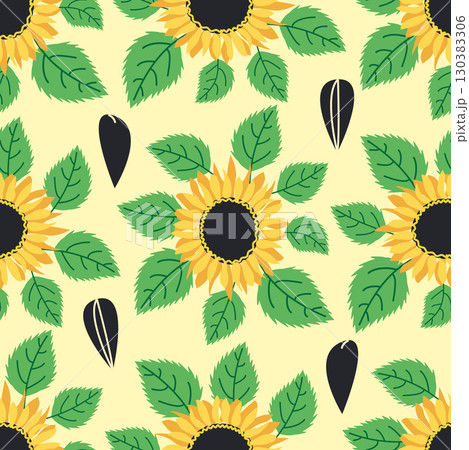 Seamless pattern with sunflower, green leaves and black seeds Seamless pattern with sunflower, green leaves and black seeds 130383306