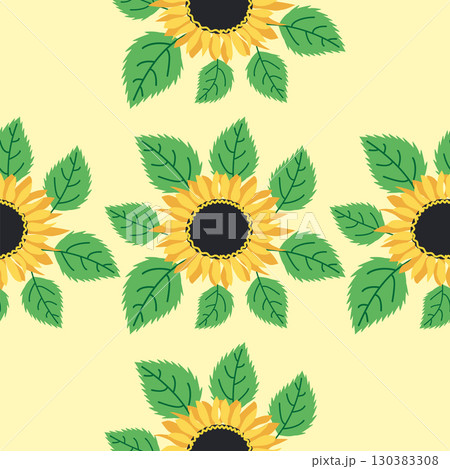 Seamless pattern with sunflower, green leaves and black seeds 130383308