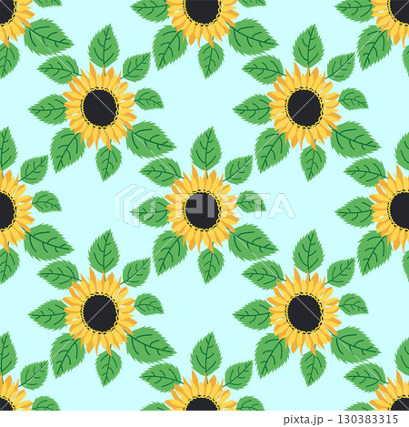 Seamless pattern with sunflower, green leaves and black seeds 130383315