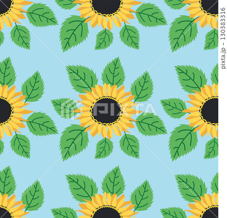 Seamless pattern with sunflower, green leaves and black seeds 130383316
