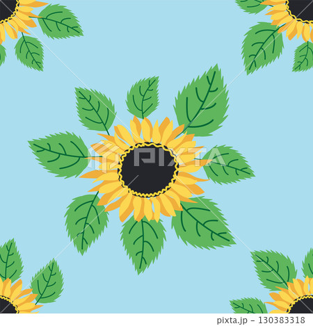 Seamless pattern with sunflower, green leaves and black seeds 130383318