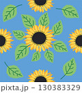 Seamless pattern with sunflower, green leaves and black seeds 130383329