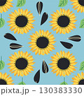 Seamless pattern with sunflower, green leaves and black seeds 130383330