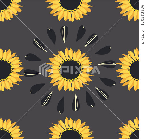 Seamless pattern with sunflower, green leaves and black seeds 130383336