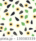 Seamless pattern with sunflower, green leaves and black seeds 130383339