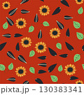 Seamless pattern with sunflower, green leaves and black seeds 130383341