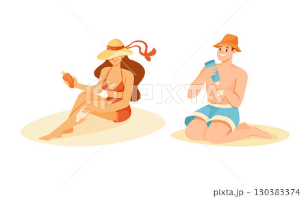Beach Fun Two People Enjoying the Warm, Bright Sun and Relaxation Together by the Shoreline 130383374