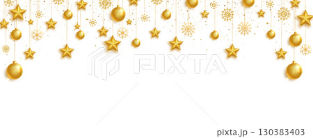 Gold balls, stars and snowflakes frame. Celebration background. Bright Holiday ornament. Luxury hanging baubles. Christmas 3d gold glass toys. Festive glitter design elements. Vector illustration 130383403