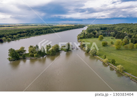 Aerial drone view over tranquil Boating lake in Nagykanizsa, Hungary. 130383404
