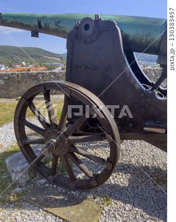 Trencin, Slovakia - August 28, 2025: Medieval cannon under the walls of the ancient castle Trencin in Slovakia from the 11th century. Details Trencin, Slovakia - August 28, 2025: Medieval cannon under the walls of the ancient castle Trencin in Slovakia from the 11th century. Details 130383457