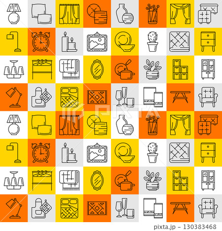 Home decor icons pattern. Domestic items thin line illustration. 130383468