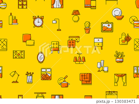 Home decor icons pattern. Domestic items thin line illustration. Home decor icons pattern. Domestic items thin line illustration. 130383471