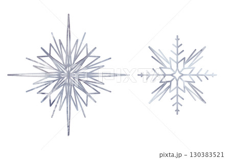 Watercolor light white blue purple snowflakes. Hand drawn illustration snow in pastel colors on isolated background. For winter New Year's design fairy tale children's cards 130383521
