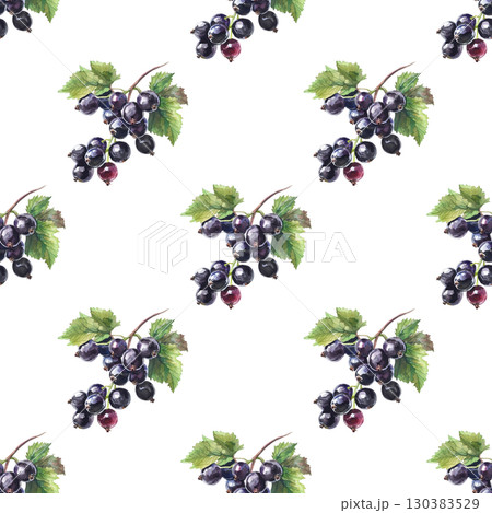 Seamless pattern with watercolor black currants and garden elements on clean white background. Ideal for healthy food branding and packaging 130383529