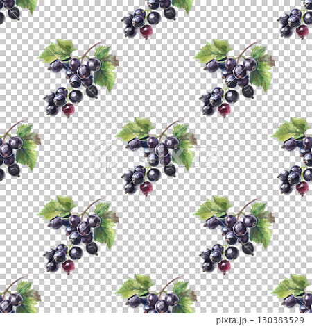 Seamless pattern with watercolor black currants and garden elements on clean white background. Ideal for healthy food branding and packaging 130383529