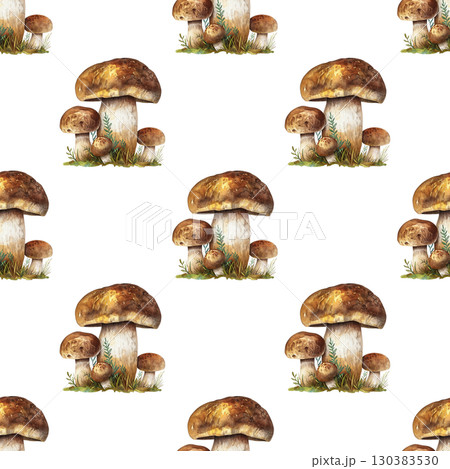 Watercolor repeating pattern of boletus edulis mushrooms with forest elements and natural textures. Versatile design for organic product labels 130383530