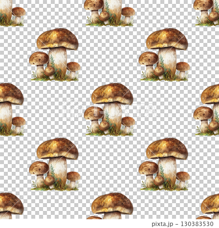 Watercolor repeating pattern of boletus edulis mushrooms with forest elements and natural textures. Versatile design for organic product labels 130383530