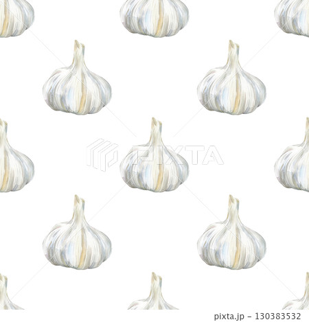 Watercolor repeating pattern of garlic heads with rustic roots and organic details. Versatile design for farm product labels and food content 130383532
