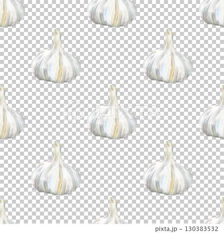 Watercolor repeating pattern of garlic heads with rustic roots and organic details. Versatile design for farm product labels and food content 130383532