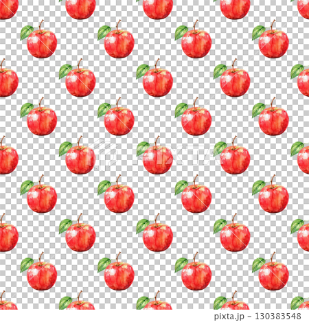 Red apple seamless watercolor pattern with glossy skin and natural leaves. White background design for healthy branding and packaging projects 130383548